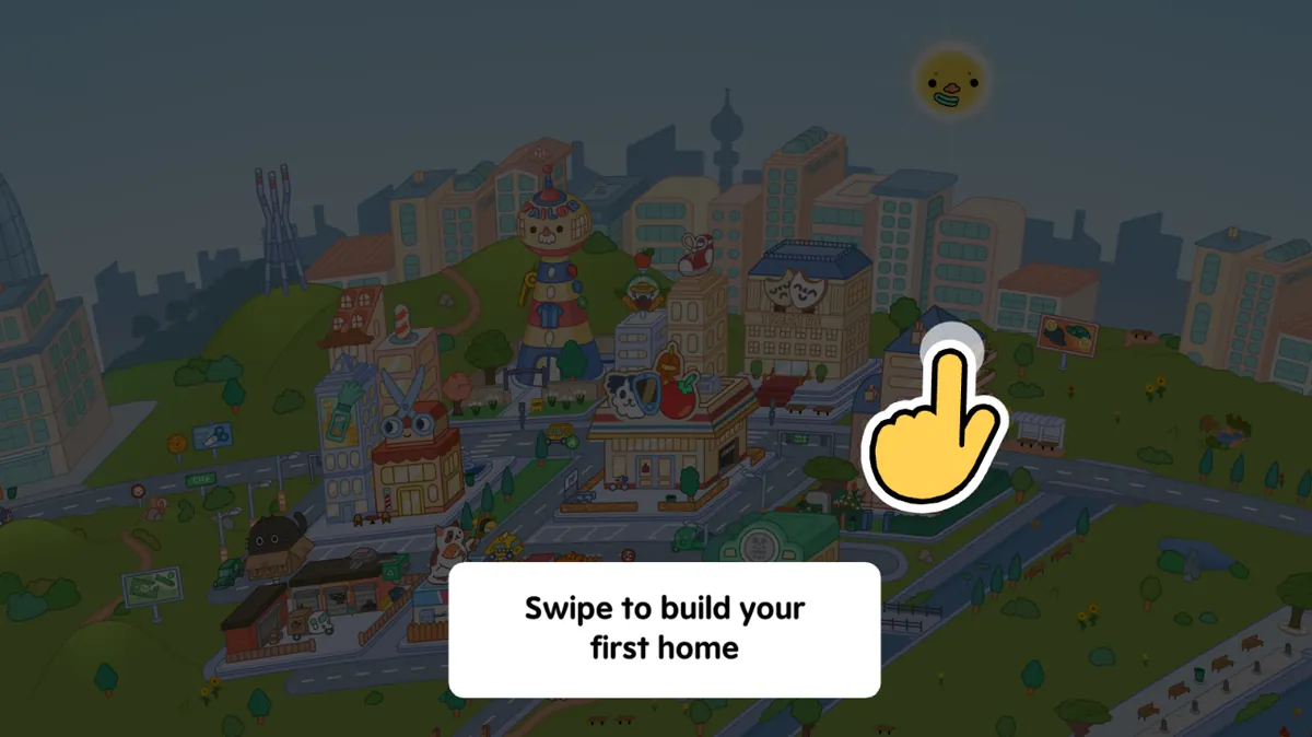 Карта Тока Бока с рукой и надписью Swipe to build your first home