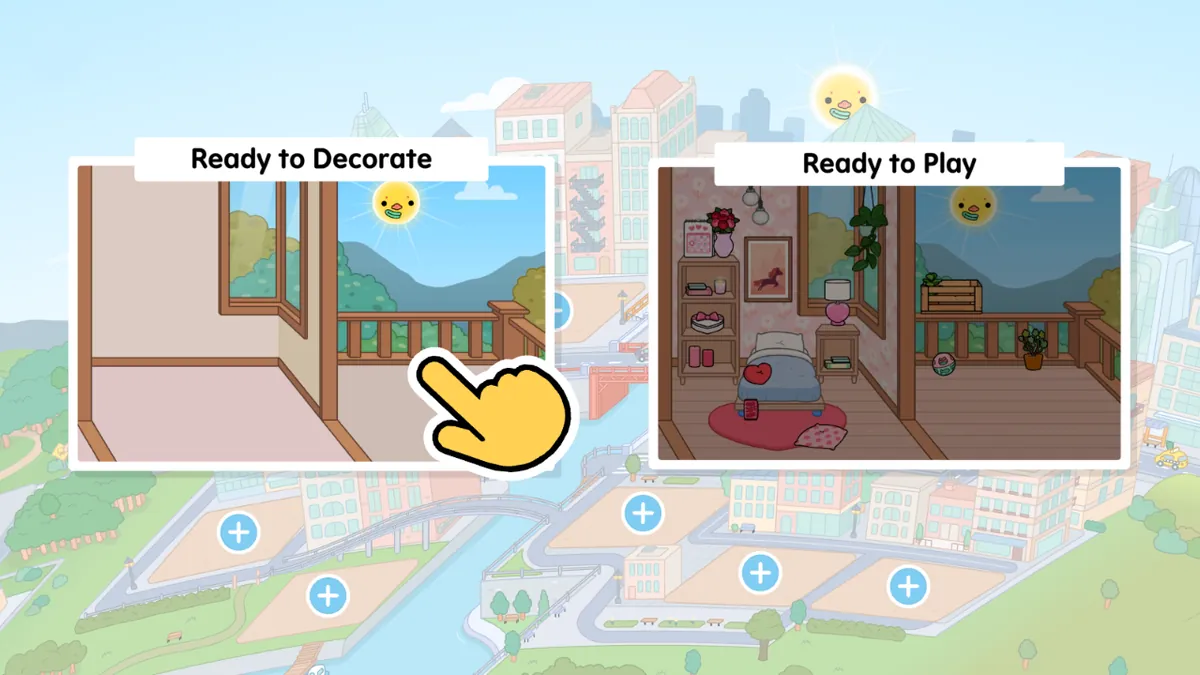 Экран постройки дома: Ready to Decorate с пустой комнатой и Ready to Play с мебелью