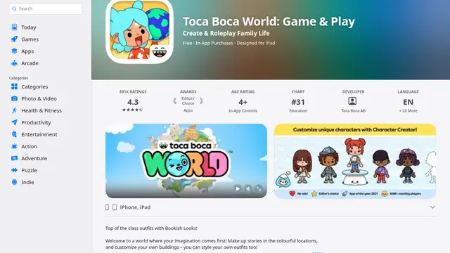 Карточка Toca Boca World в App Store: разработчик Toca Boca. Снимок страницы магазина, не кадр из игры.